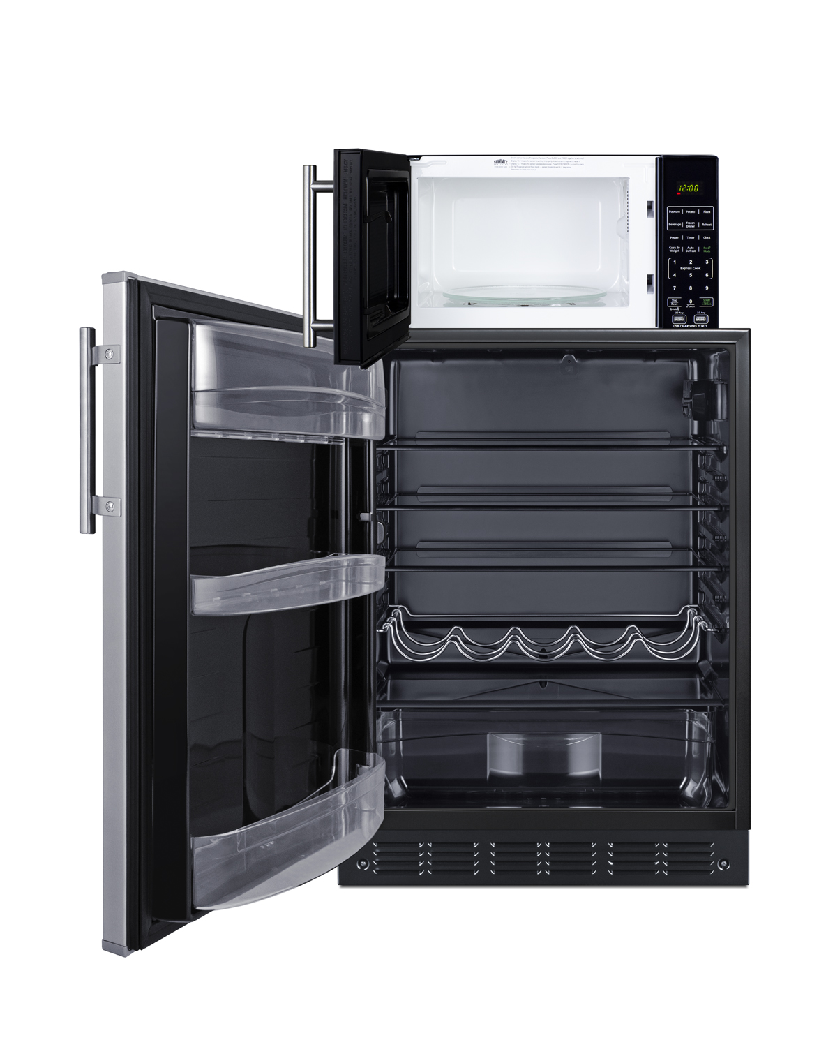 Counter height all-refrigerator with stainless steel door and compact microwave in black with allocator and USB ports for 1-plug operation; ships in three boxes on one pallet